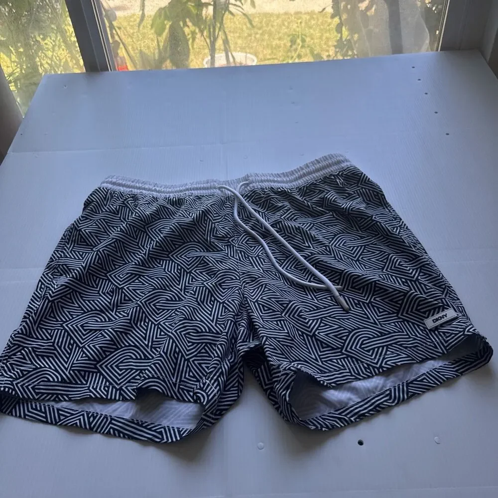 DKNY Men’s Swim Trunks XL Black White Geometric Print Drawstring Swim Shorts